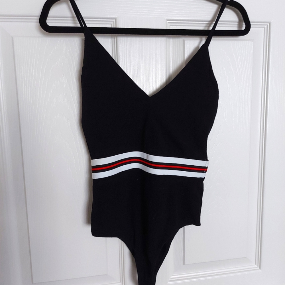 Black V-neck Bodysuit with Red and White Stretch Waist from Forever 21